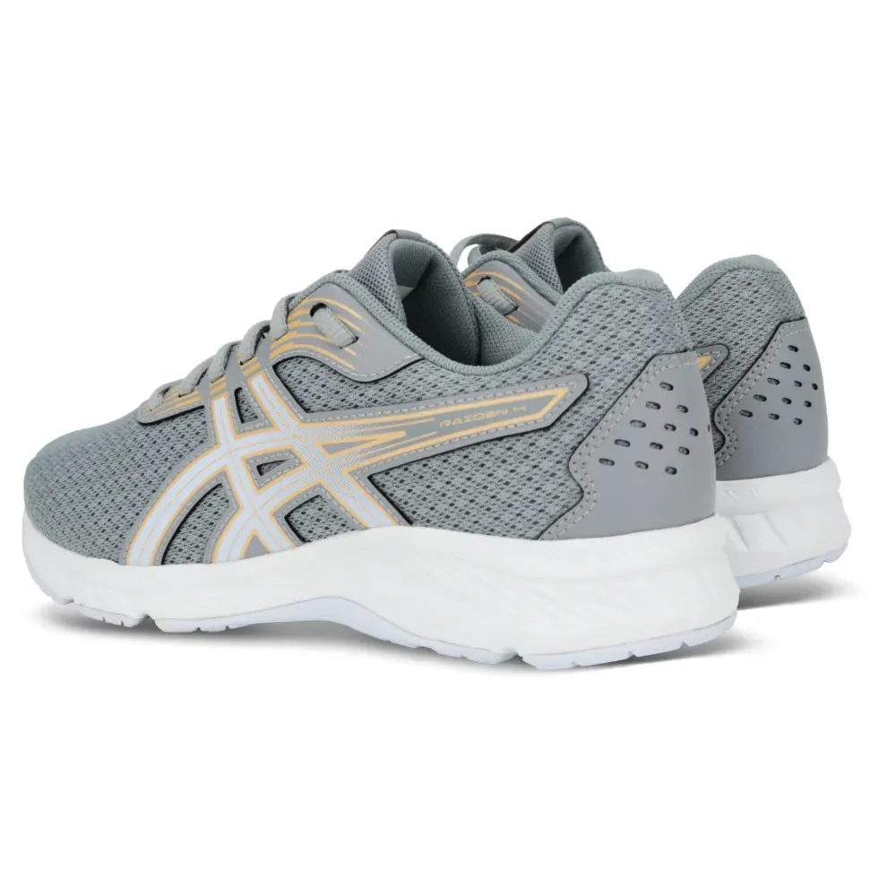 Tênis Asics Raiden 4 Feminino cinza destacando seu design moderno e detalhes técnicos.